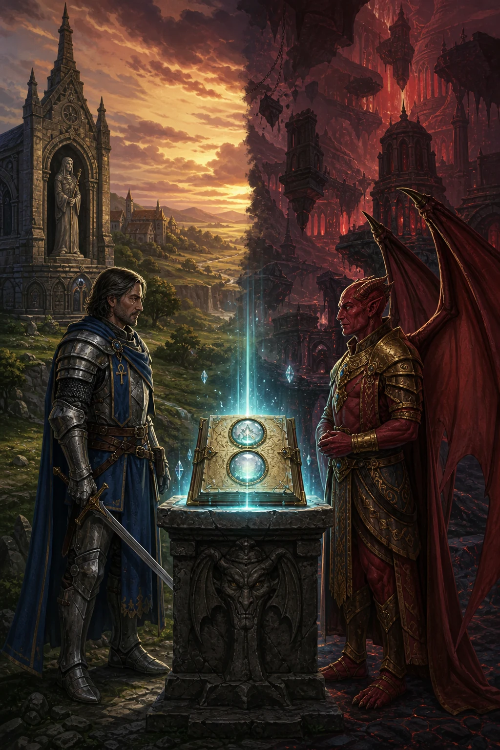 The Avatar and a dignified Gargoyle face one another across the luminous Codex of Ultimate Wisdom