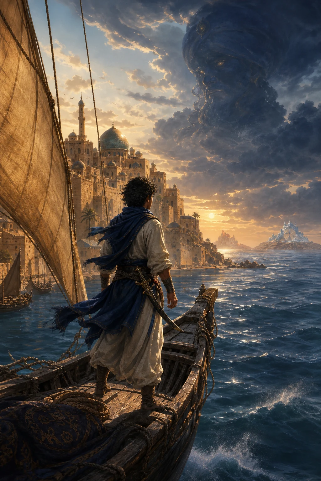 A young Corsair sails from Zaratan beneath a gathering genie-shaped storm