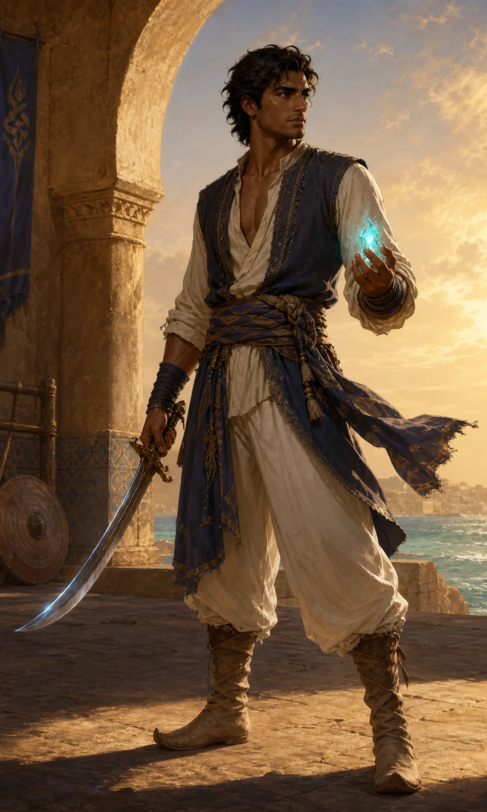 A sun-weathered Corsair holding his curved scimitar and a glowing Moonstone shard