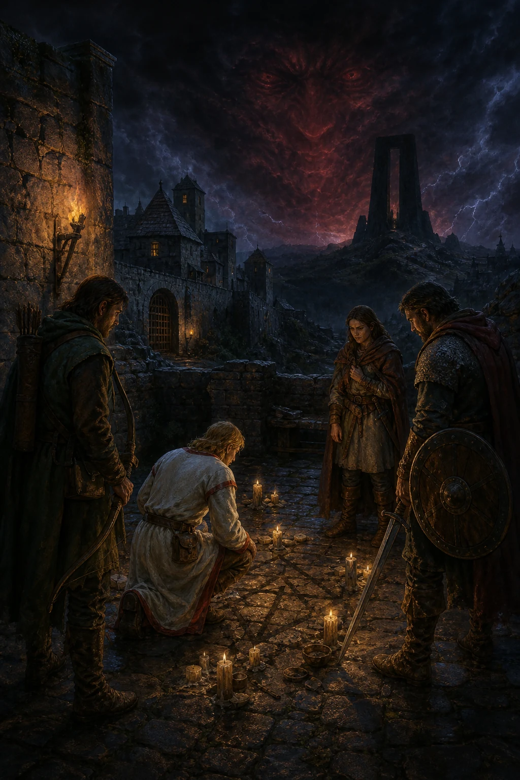 The Avatar investigates the Trinsic ritual scene while the Guardian looms beyond the Black Gate